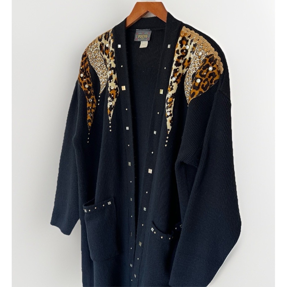Vintage Focus USA Black Animal Print Rhinestone Mobwife Duster Cardigan Sz L/ XL - Picture 7 of 11